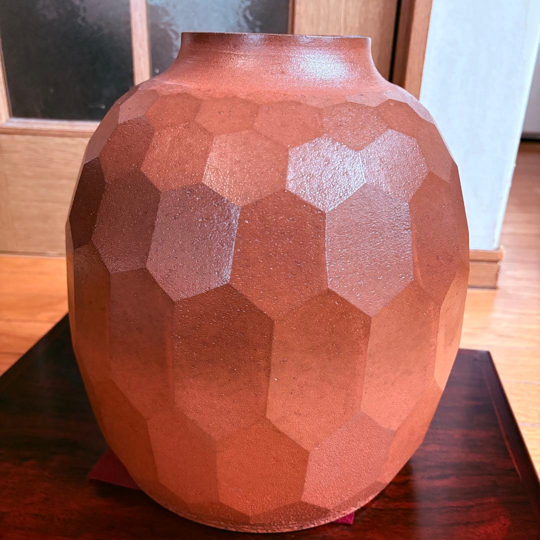 井上善夫 萬古焼 亀甲塩釉壺 共箱付 作家物 美術陶器 30cm