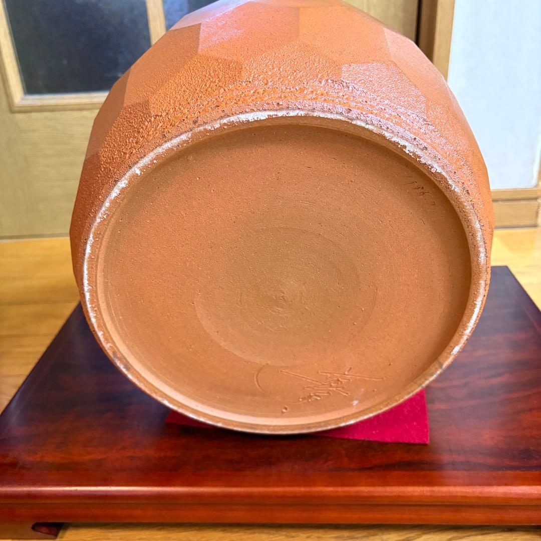 井上善夫 萬古焼 亀甲塩釉壺 共箱付 作家物 美術陶器 30cm