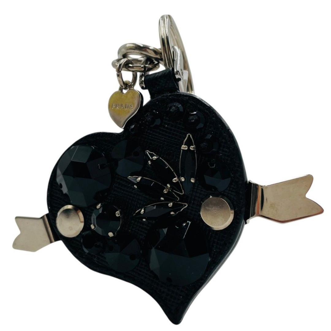 美品 プラダ キーホルダー チャーム キーリング ブラック ストーン ハート