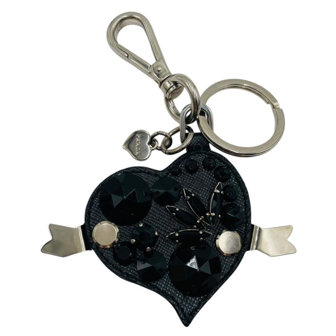 美品 プラダ キーホルダー チャーム キーリング ブラック ストーン ハート