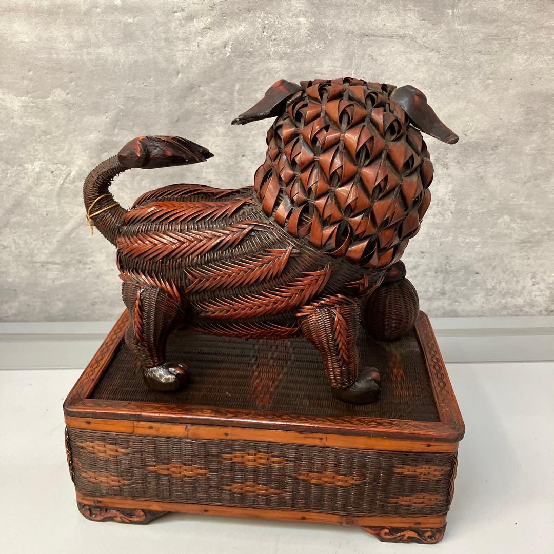 ヴィンテージ 上海手工芸品 籐製 フーフードッグ 獅子 犬 バスケット ボックス