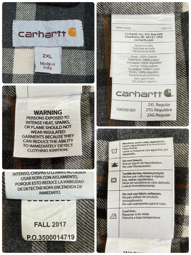 カーハート　ダック地　シャツジャケット　裏地　　ビッグシルエット　黒　2XL.