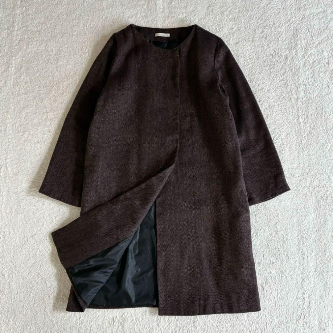 美品 フォグリネンワーク FLW リネンウールヘリンボーンノーカラーコート 茶