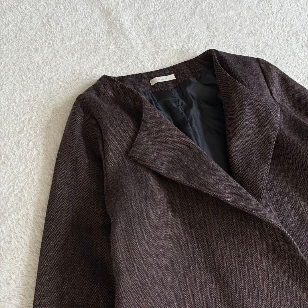 美品 フォグリネンワーク FLW リネンウールヘリンボーンノーカラーコート 茶