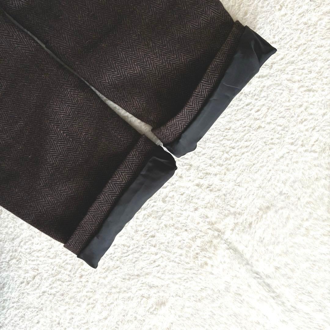 美品 フォグリネンワーク FLW リネンウールヘリンボーンノーカラーコート 茶