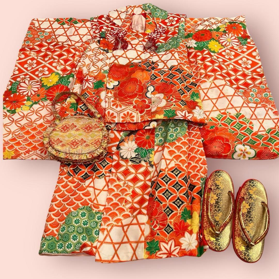 七五三 3歳 女の子 被布コートセット レトロモダン 赤系 花柄 フルセット