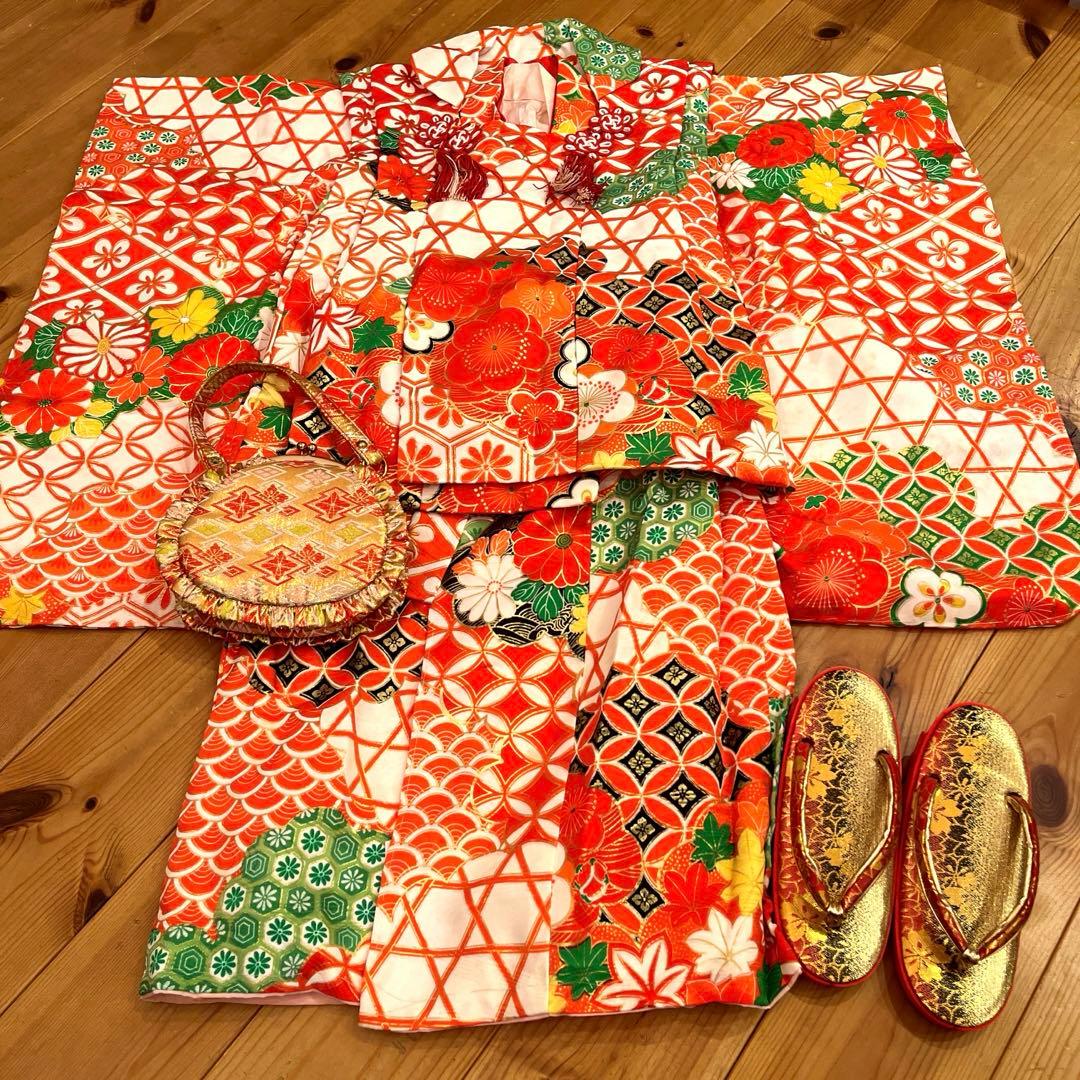 七五三 3歳 女の子 被布コートセット レトロモダン 赤系 花柄 フルセット