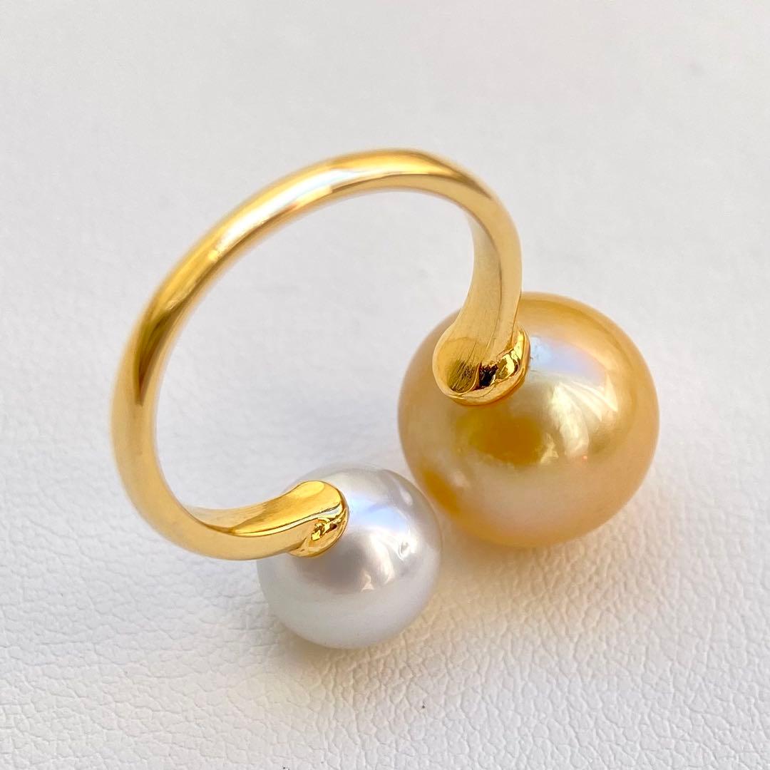 本真珠南洋白蝶真珠ゴールドとホワイト　s925ダブルリングY1057