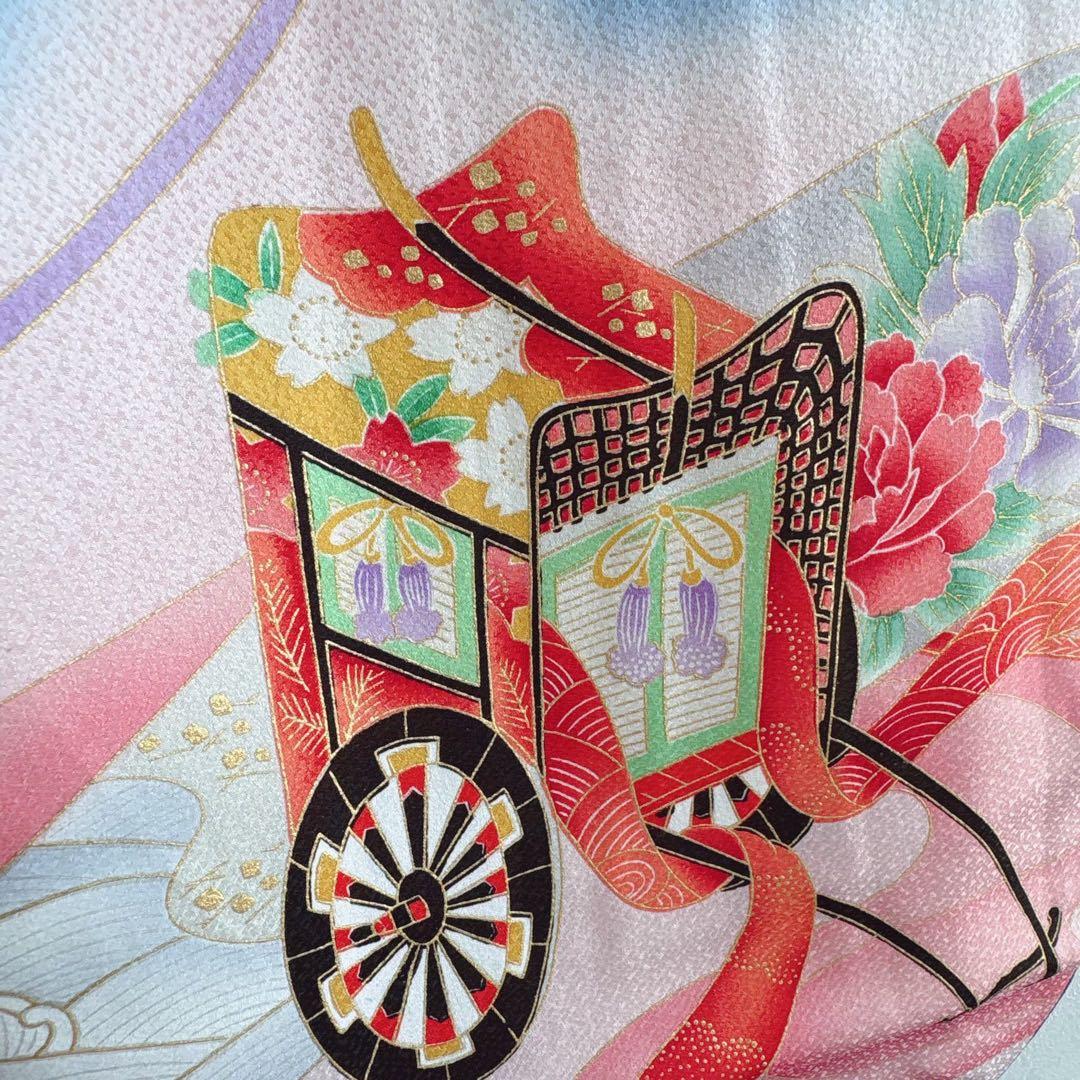 セット　七五三７歳女の子　青地花御所車　黒地袋帯　青海波金　袖なし長襦袢7103