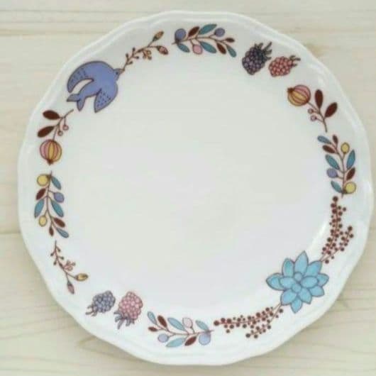 新品　九谷焼　ハレクタニ　19.2cmプレート木の実と鳥  ブルー