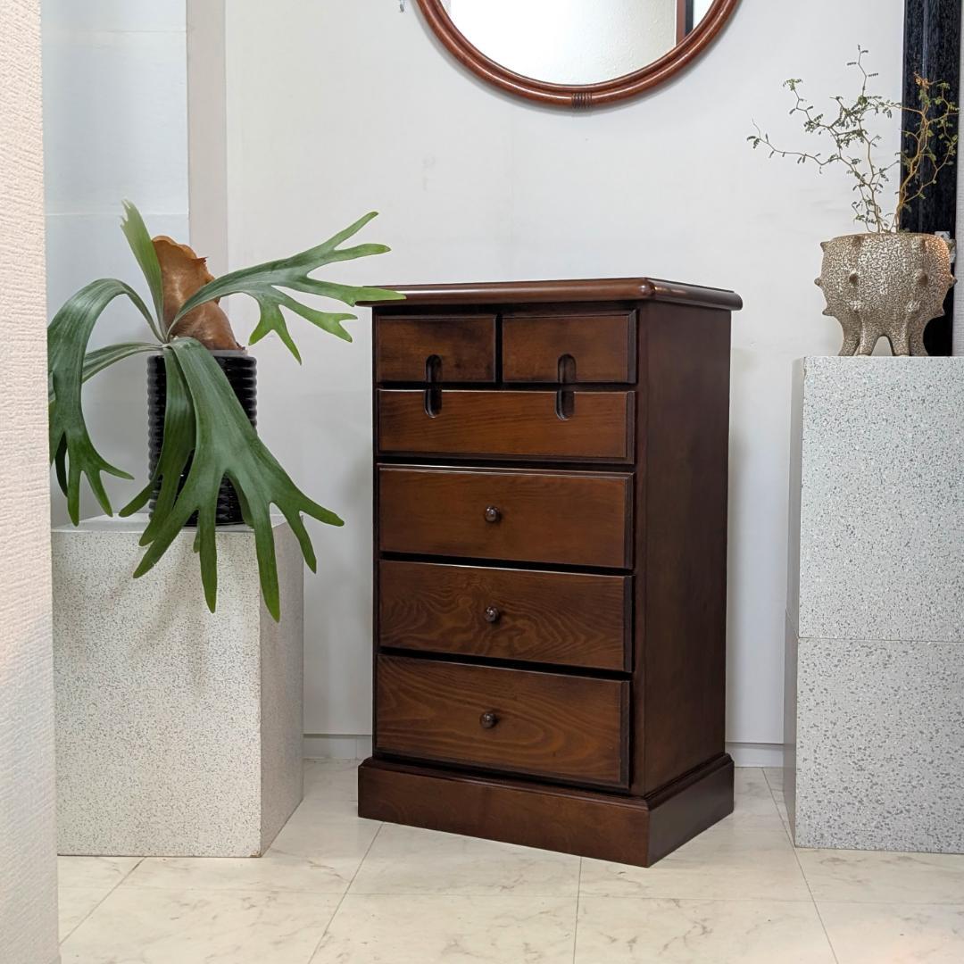 ウッド チェスト 木製 引き出し 5段 無垢材 国産 ビンテージ ブラウン