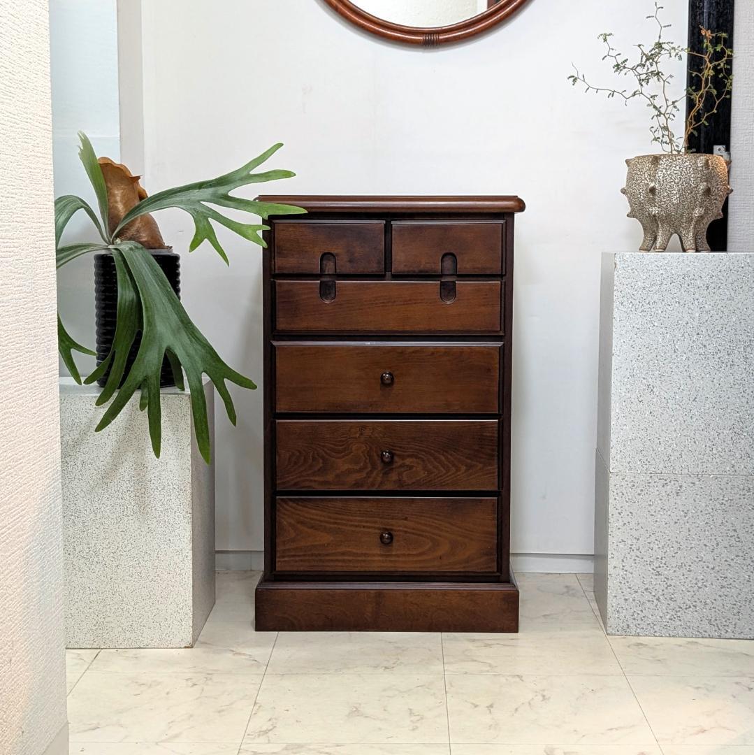 ウッド チェスト 木製 引き出し 5段 無垢材 国産 ビンテージ ブラウン