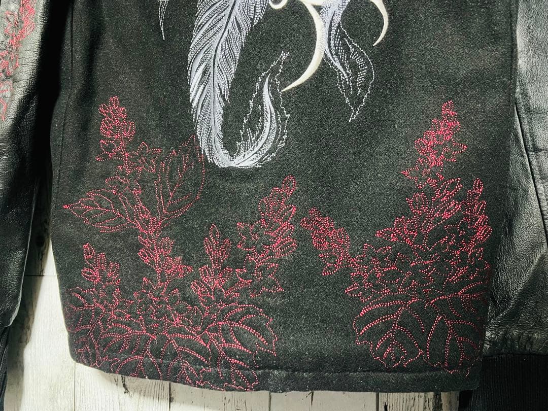 極限定 錦 スカジャン 切り替え 本革レザー 伝説銀鳳凰 銀 刺繍 絡繰魂 黒