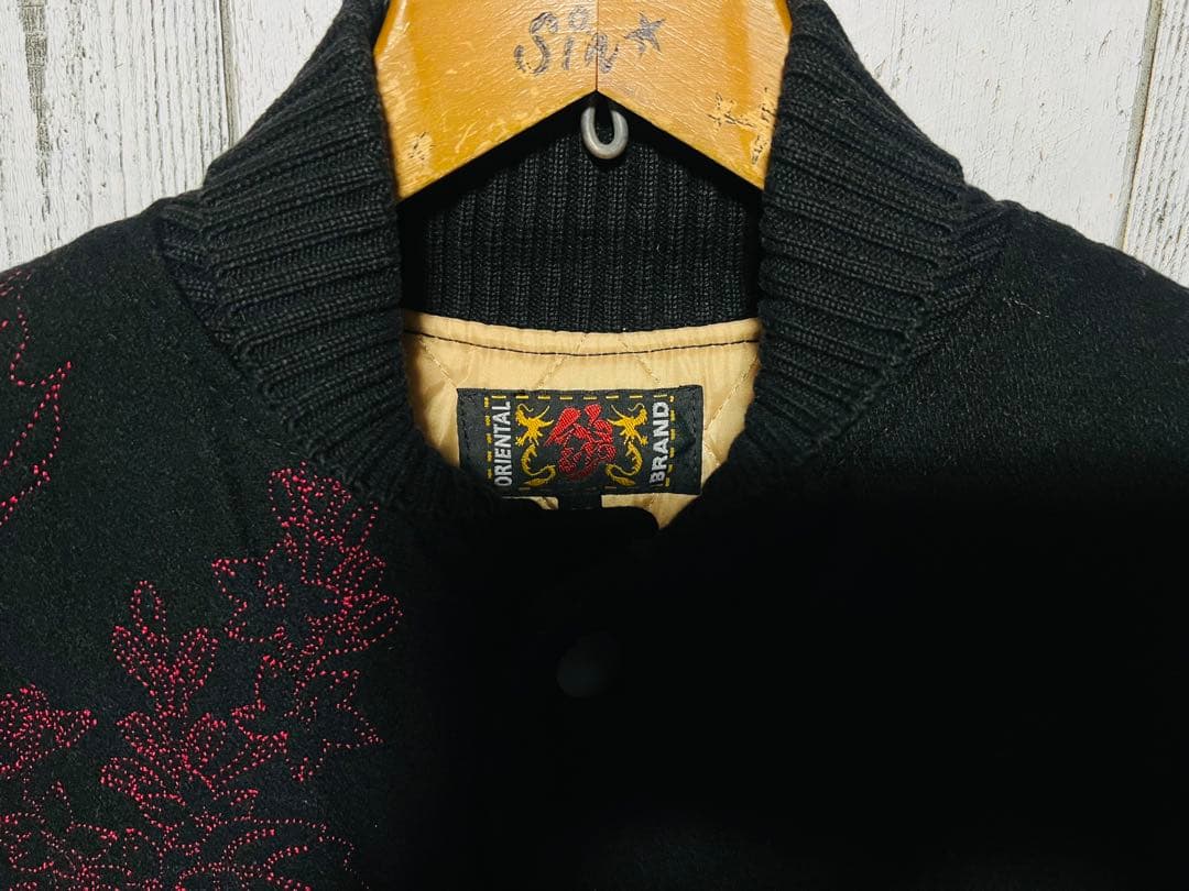 極限定 錦 スカジャン 切り替え 本革レザー 伝説銀鳳凰 銀 刺繍 絡繰魂 黒