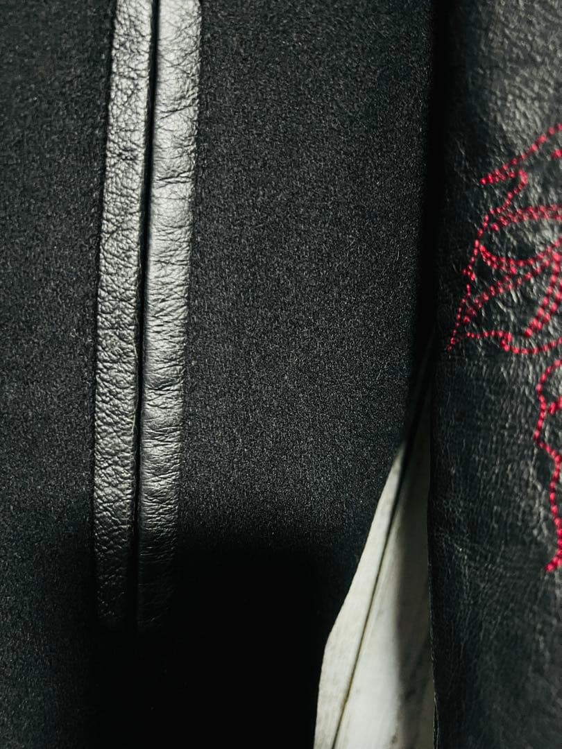 極限定 錦 スカジャン 切り替え 本革レザー 伝説銀鳳凰 銀 刺繍 絡繰魂 黒