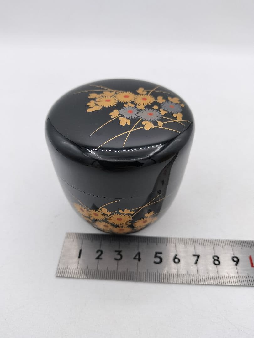 c614 黒中棗 菊蒔絵 岡本陽斎 木箱 茶道具 古物