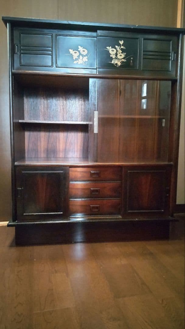 花模様 昭和レトロ木製茶箪笥