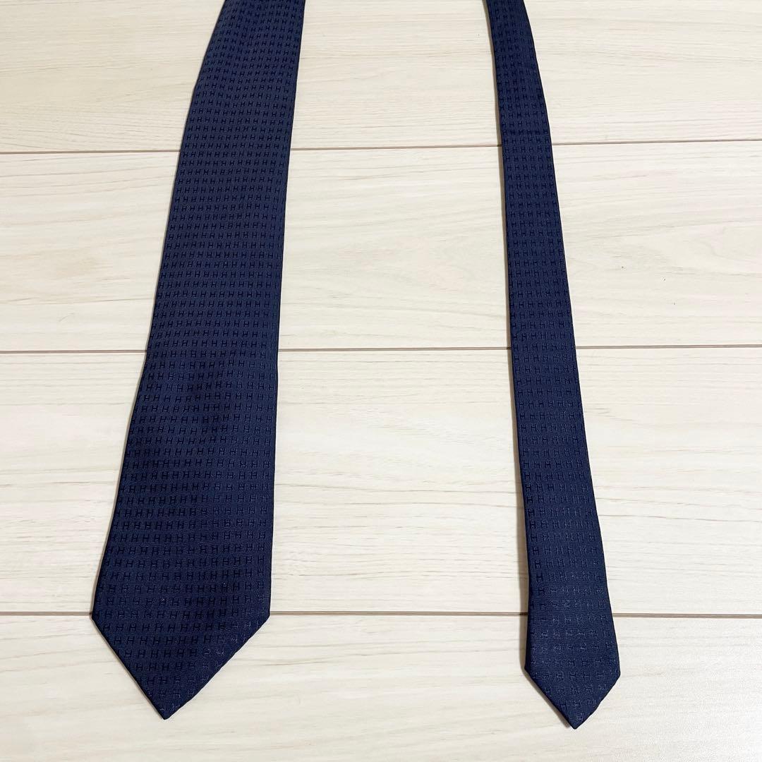 HERMES　エルメス　ネクタイ　ファソネ　H柄　H織　ネイビー　紺色　シルク