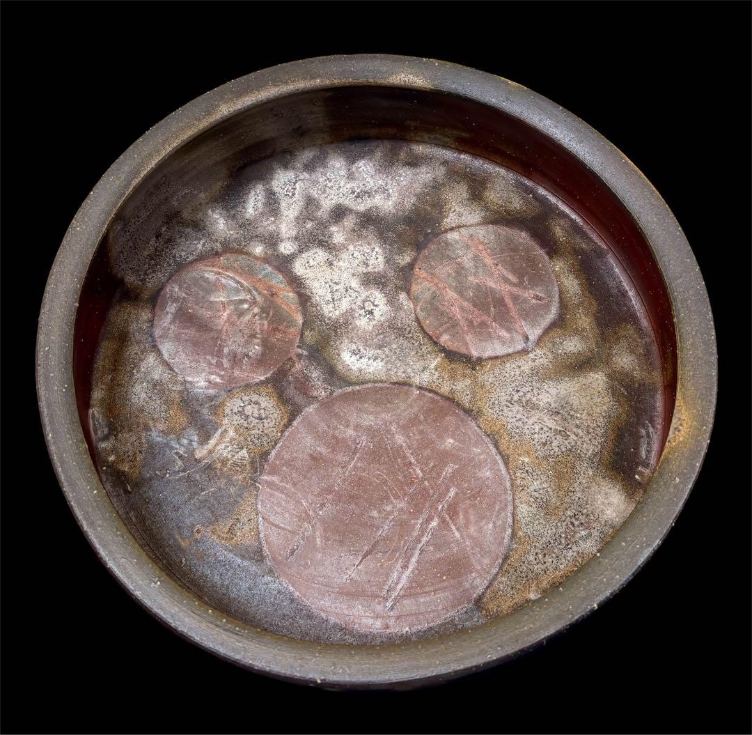 備前焼　水盤　花器　直径32㎝　新品　未使用品　銘有り　素朴な風合い　多彩な窯変