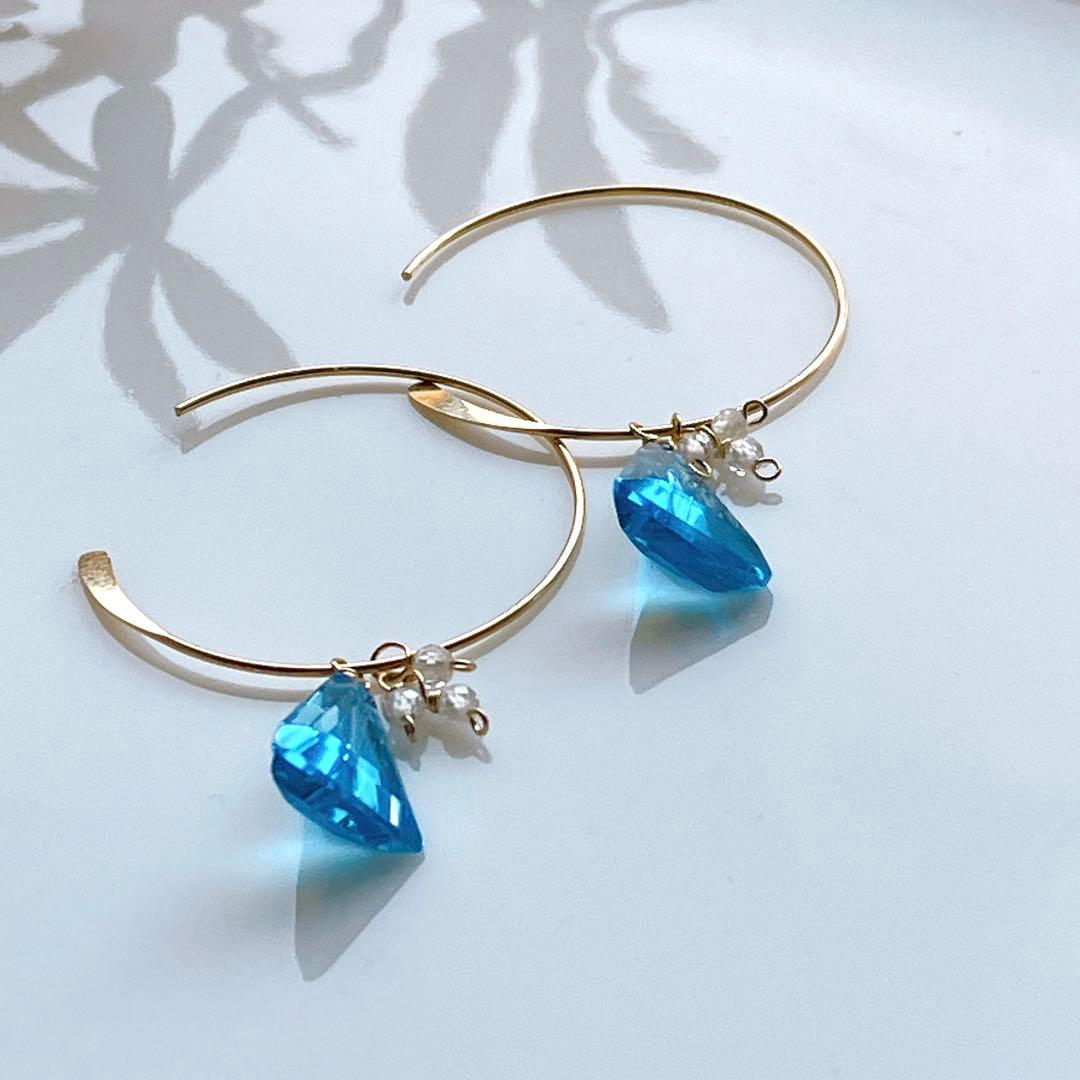 桃色の雲◆希少✧スイスブルートパーズ フープピアス✧トリリアントカット