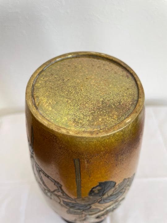 芳廣刻 彫金 花瓶 バラ 鳥 台座付 共箱なし アンティーク ビンテージ 骨董品