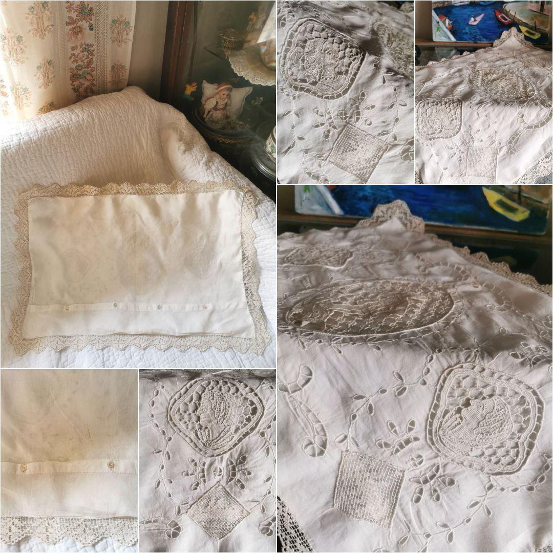 アンティーク ポワンドヴェニス 騎士と犬 ブラーノレース とろみクッションカバー