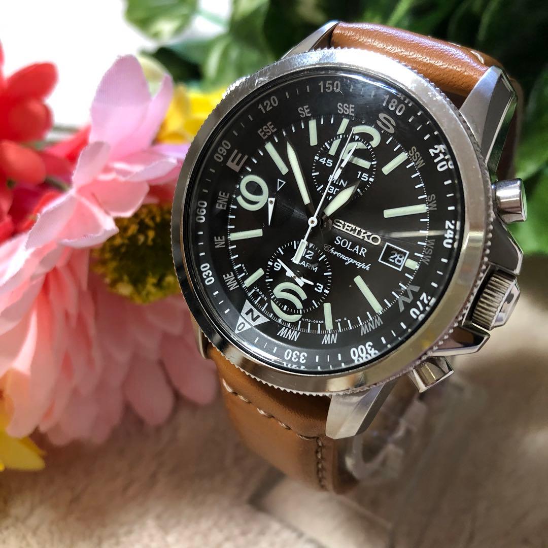 SEIKO セイコー　ソーラー腕時計　クロノグラフ　レザーベルト　メンズ