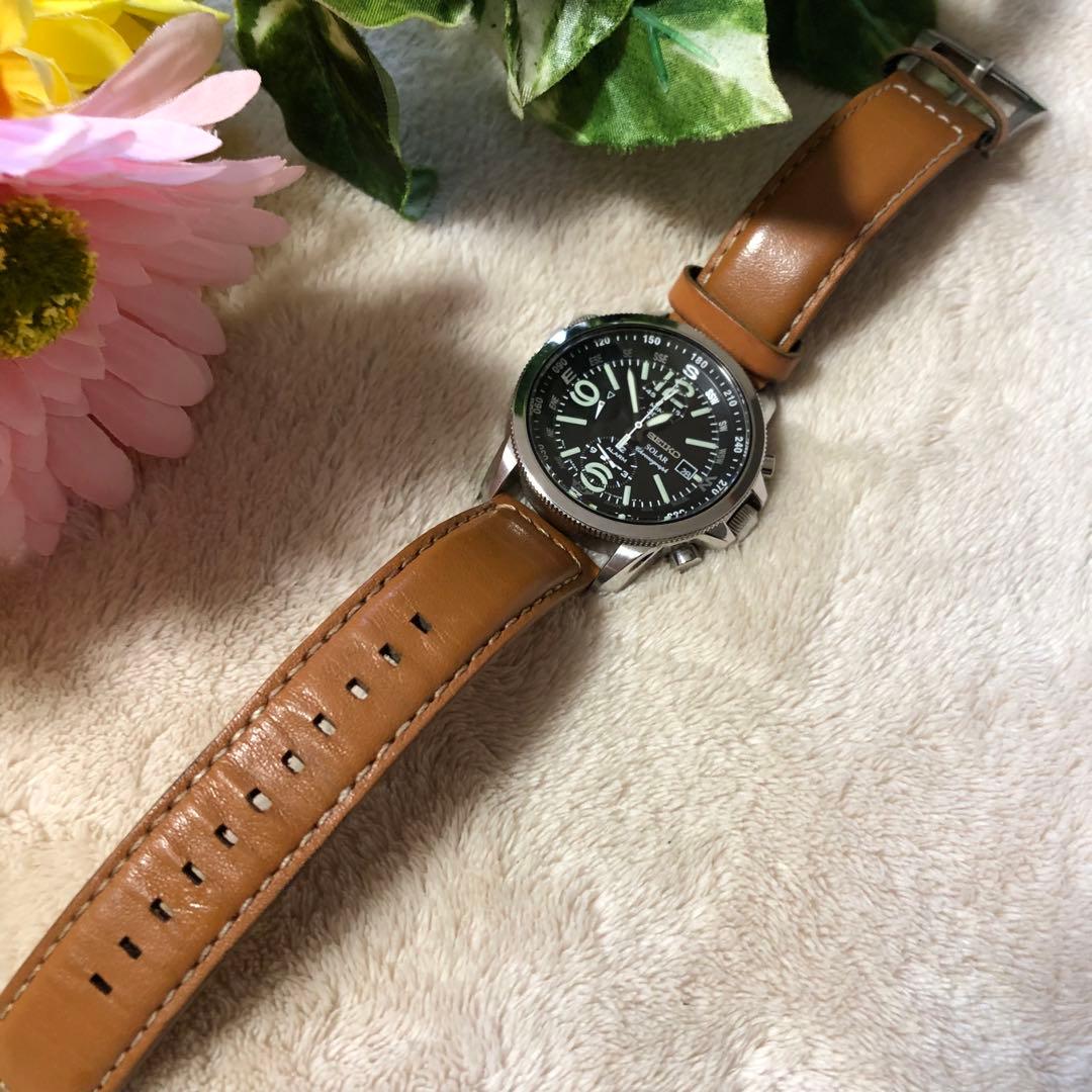 SEIKO セイコー　ソーラー腕時計　クロノグラフ　レザーベルト　メンズ