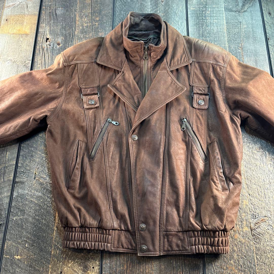 古着　本革　レザーボンバージャケット　ブラウン　2XL 短丈　A2変形　ダブル