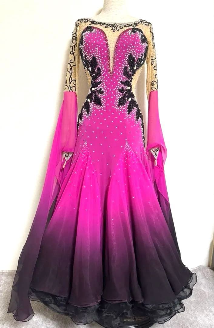 白樺ドレス　社交ダンスドレス　ピンク×ブラックグラデーション