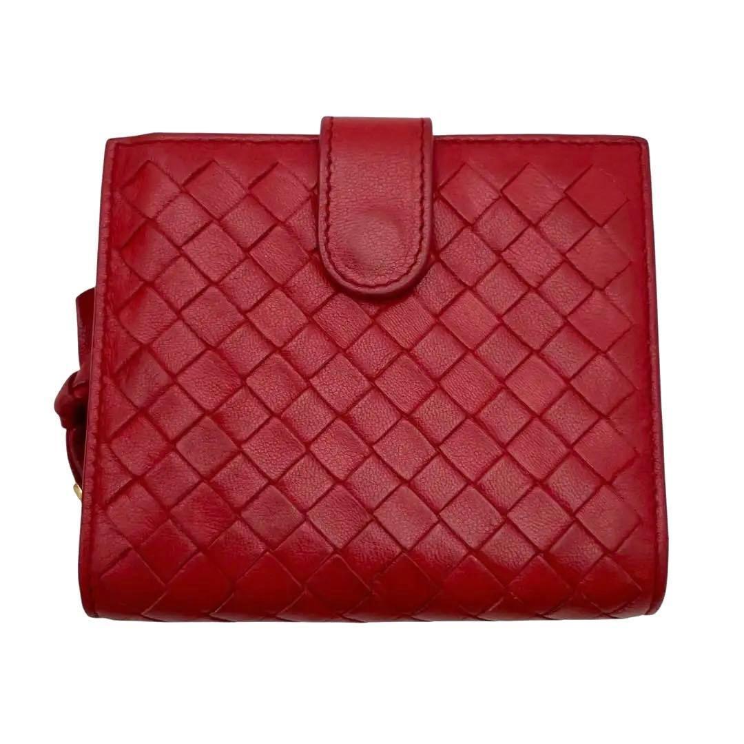 【極美品】 ボッテガヴェネタ 二つ折り財布 イントレチャート レザー レッド