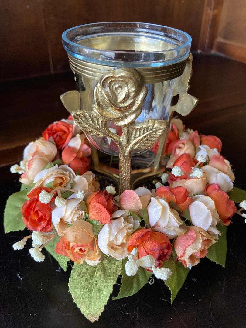 ヴィンテージ　ITALY 真鍮の薔薇★ガラスキャンドルホルダー　ポプリ入れ　花瓶