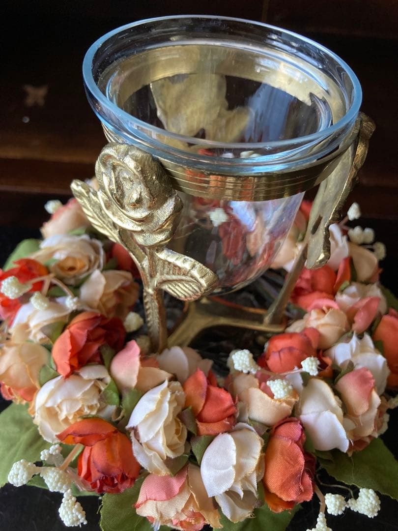 ヴィンテージ　ITALY 真鍮の薔薇★ガラスキャンドルホルダー　ポプリ入れ　花瓶