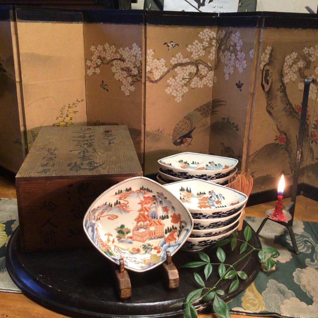 A884 古伊万里　染錦手　極上献上手　楼閣山水紋様　菱形　中皿　小鉢　5客