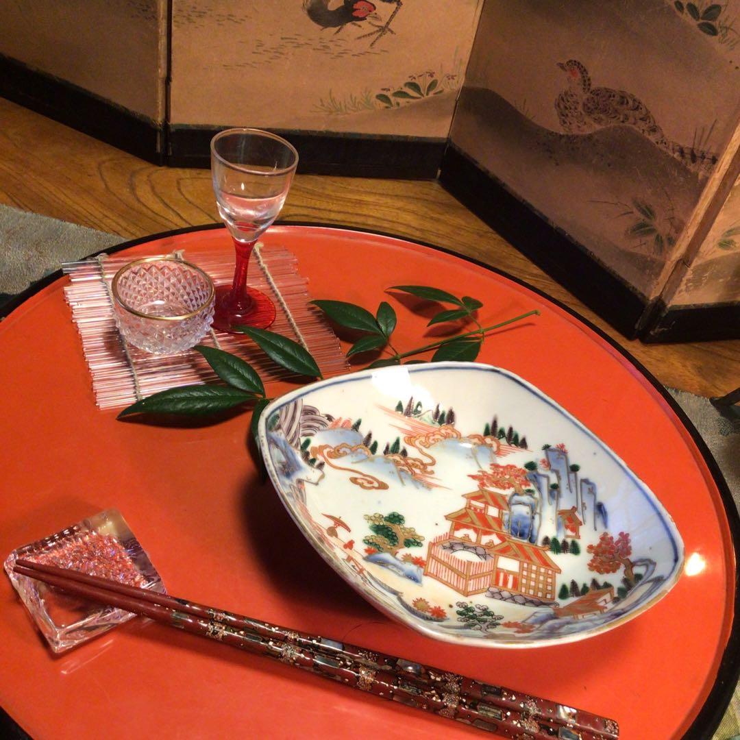 A884 古伊万里　染錦手　極上献上手　楼閣山水紋様　菱形　中皿　小鉢　5客