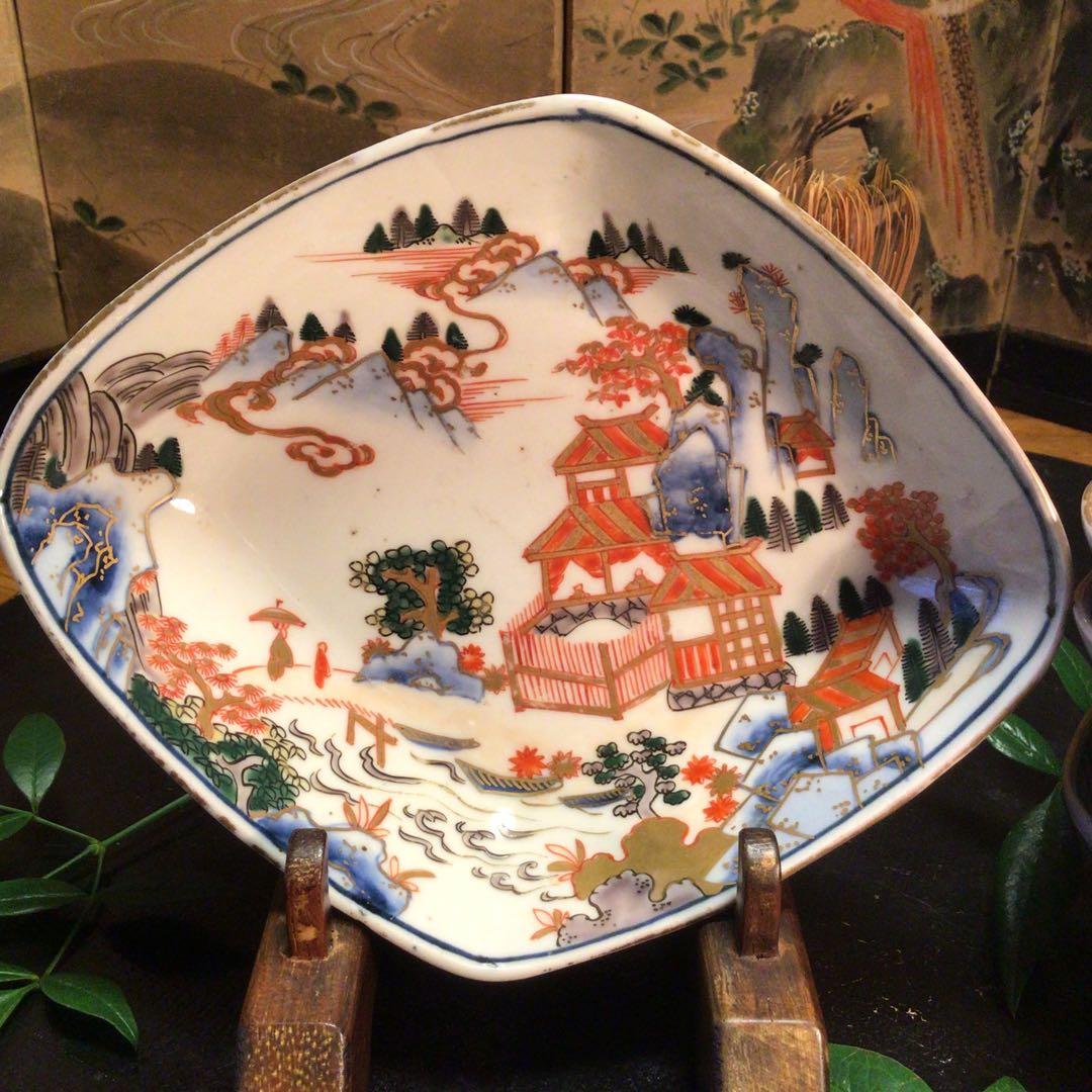 A884 古伊万里　染錦手　極上献上手　楼閣山水紋様　菱形　中皿　小鉢　5客