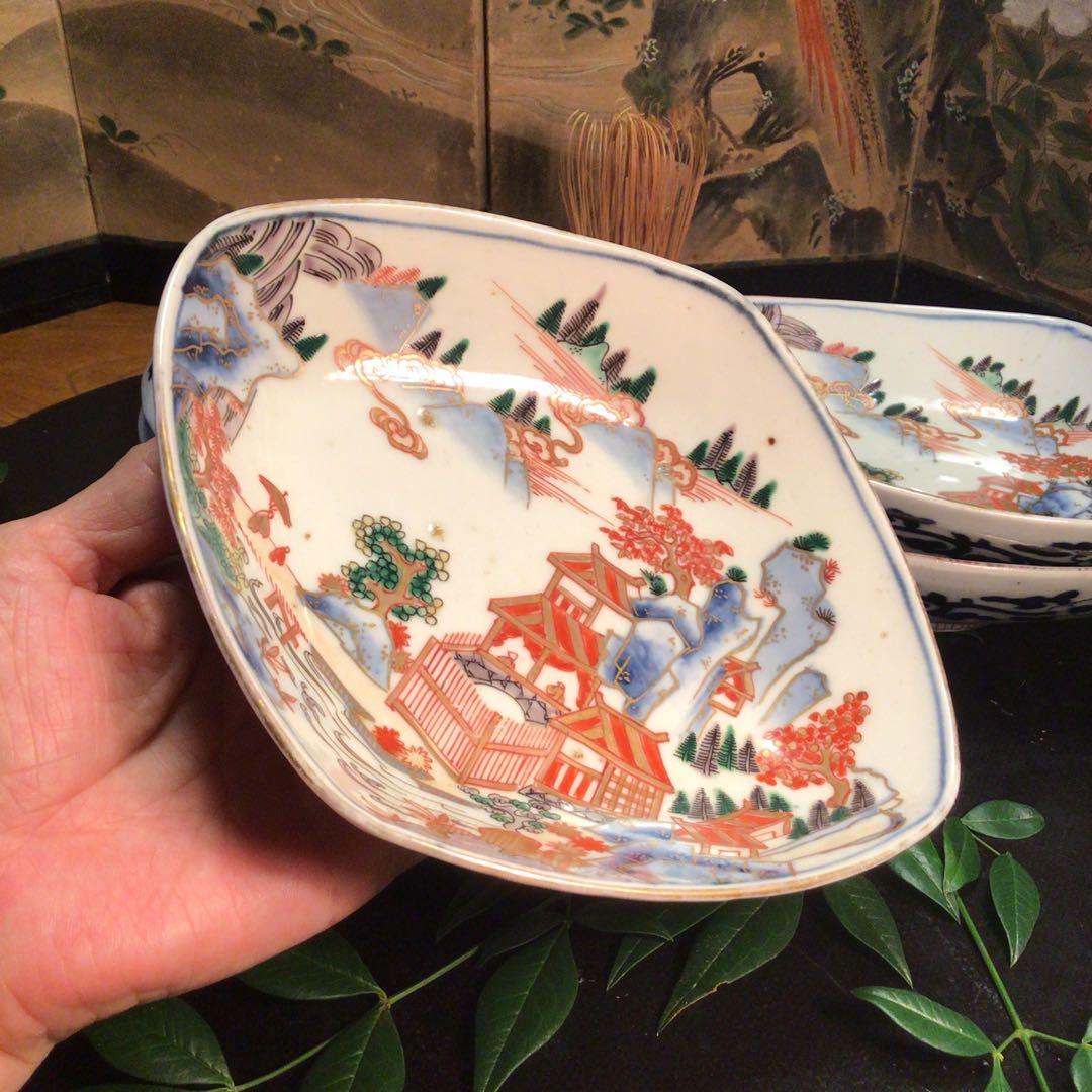 A884 古伊万里　染錦手　極上献上手　楼閣山水紋様　菱形　中皿　小鉢　5客