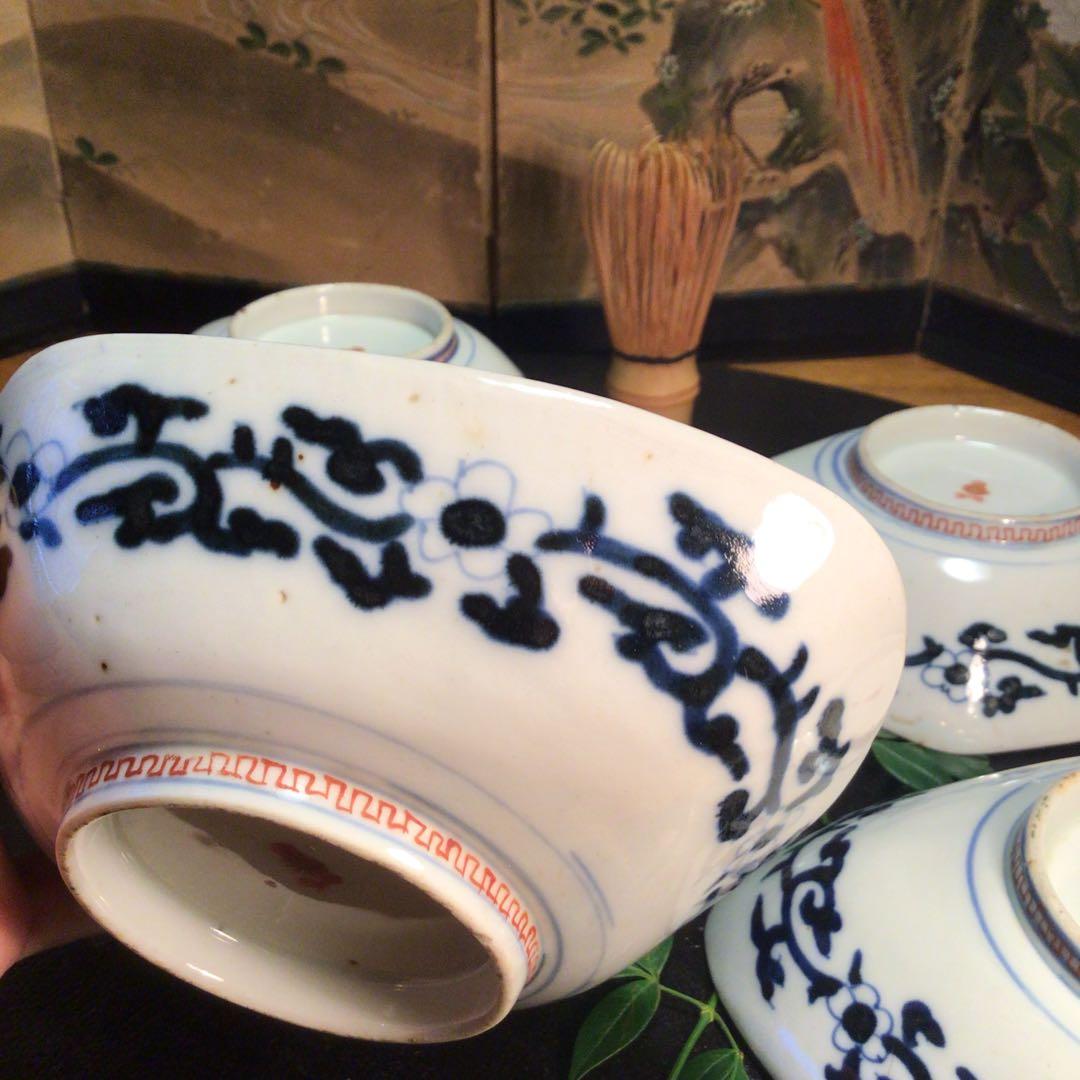 A884 古伊万里　染錦手　極上献上手　楼閣山水紋様　菱形　中皿　小鉢　5客