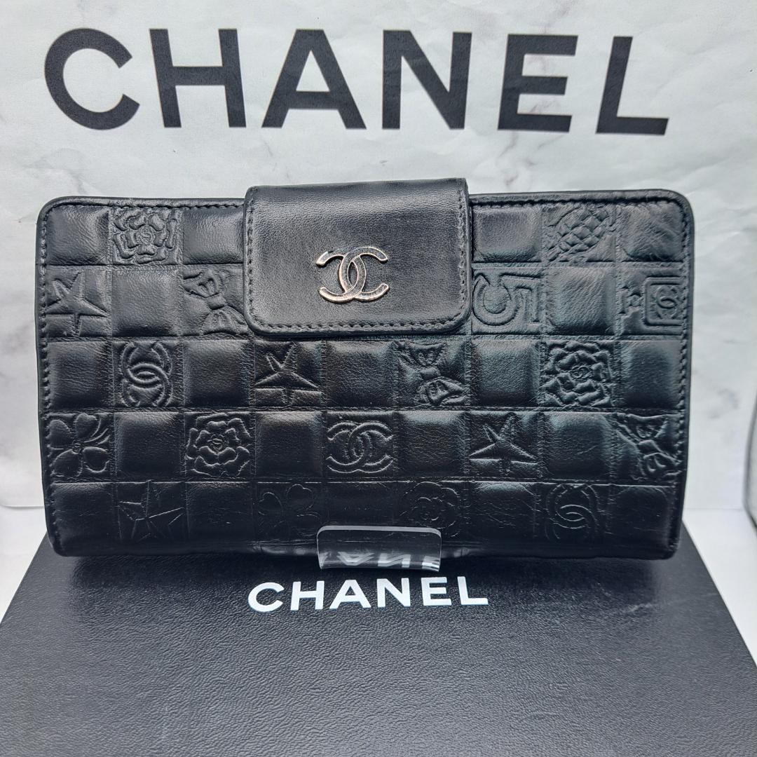 訳あり　CHANEL　アイコンライン　二つ折り財布　がま口　ブラック　長財布
