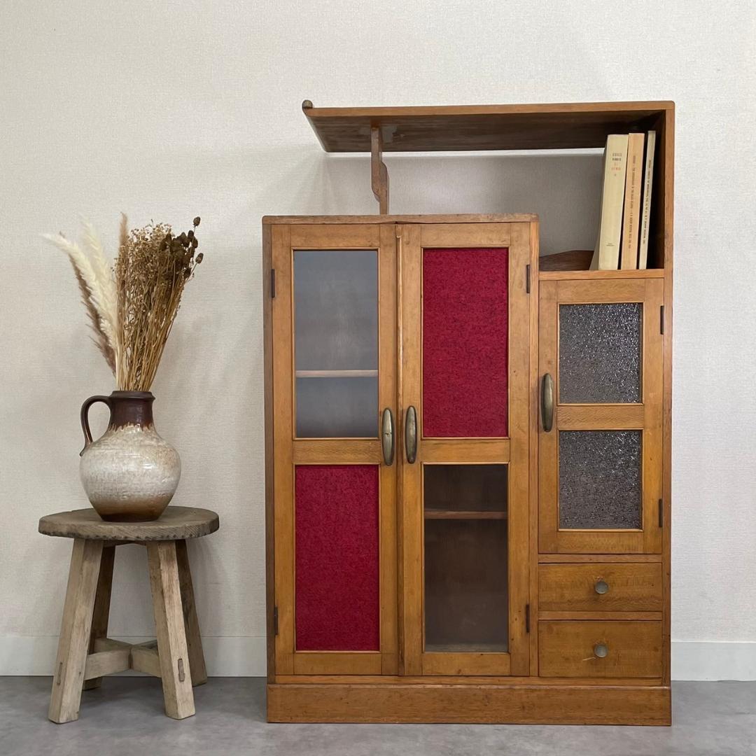 ヴィンテージ 木製 収納棚 ダイヤガラス ガラスキャビネット 食器棚 古家具