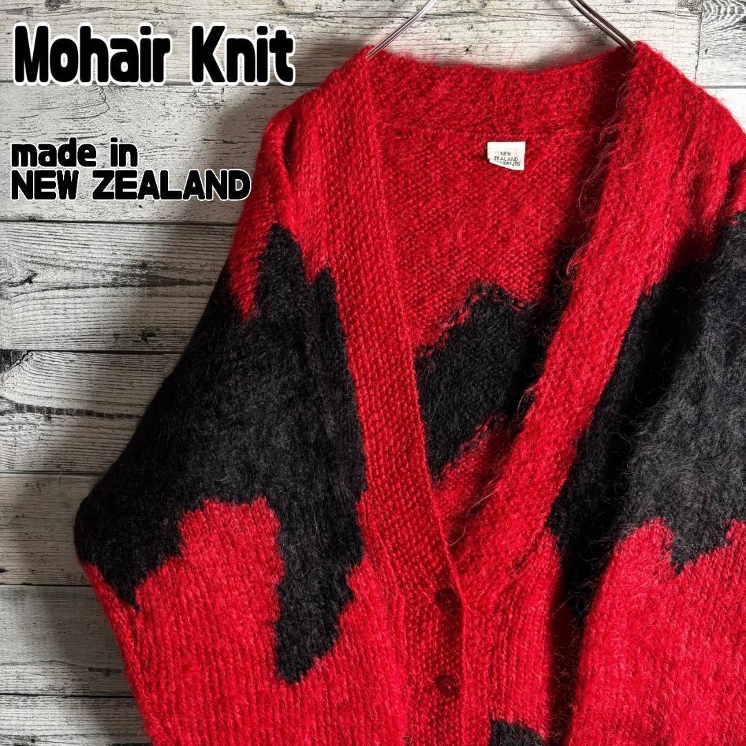 【ニュージーランド製】ハンドニット　モヘアニットカーディガン　メンズL相当　赤黒