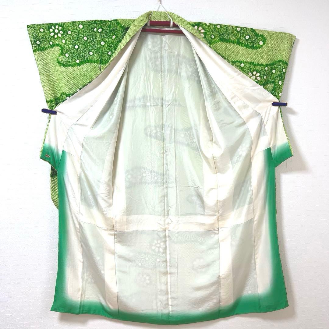 469 振袖フルセット 正絹 グリーン 緑 総絞り 駒刺繍 三越 百貨店 高級