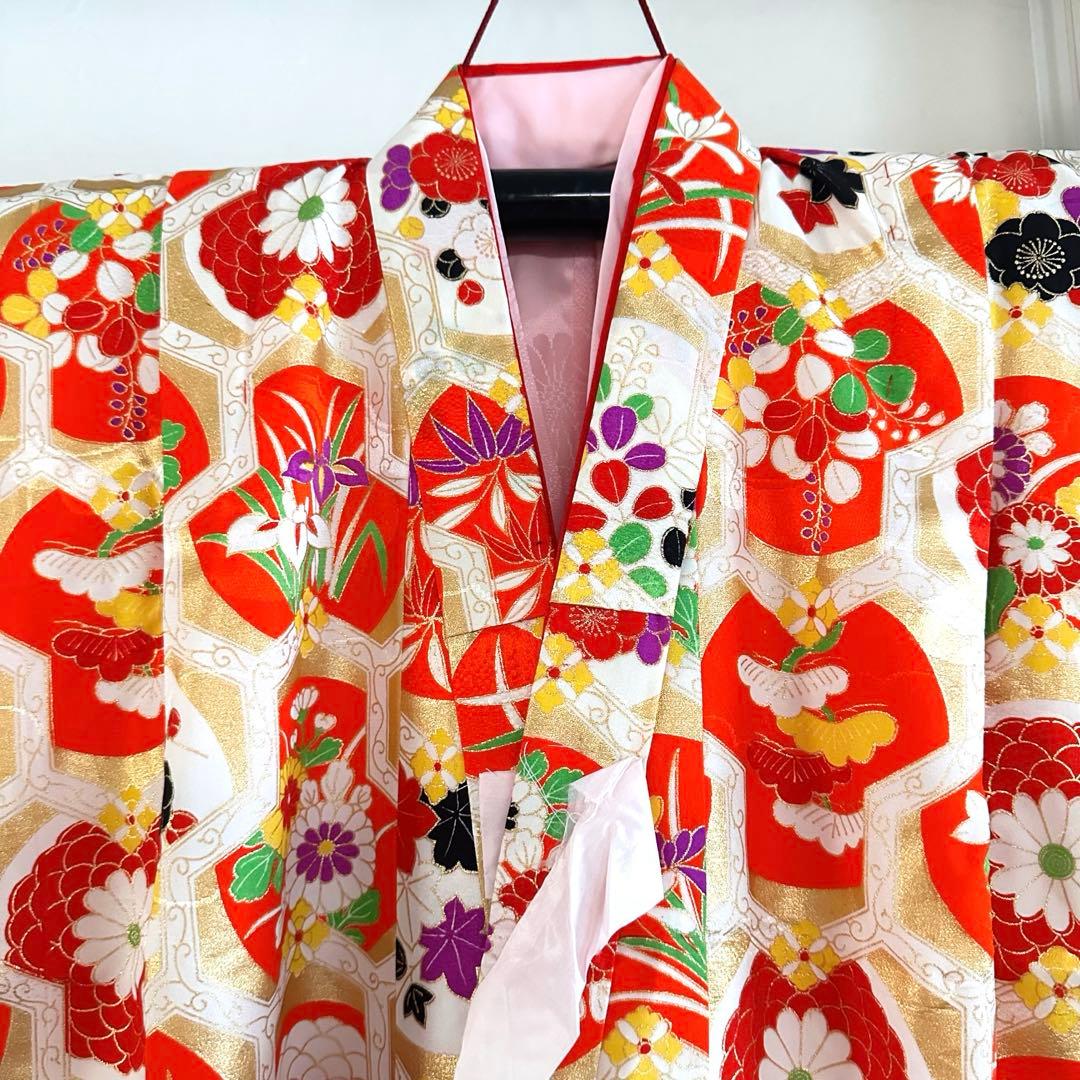 七五三 女の子 着物セット 3歳5歳 アンティーク 金彩入り レトロ柄 長襦袢付