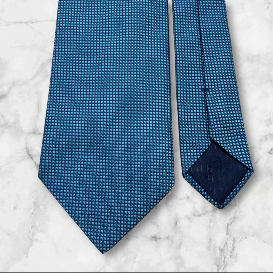 エルメス　ネクタイ　ソリッド　無地　光沢　ブルーグリーン