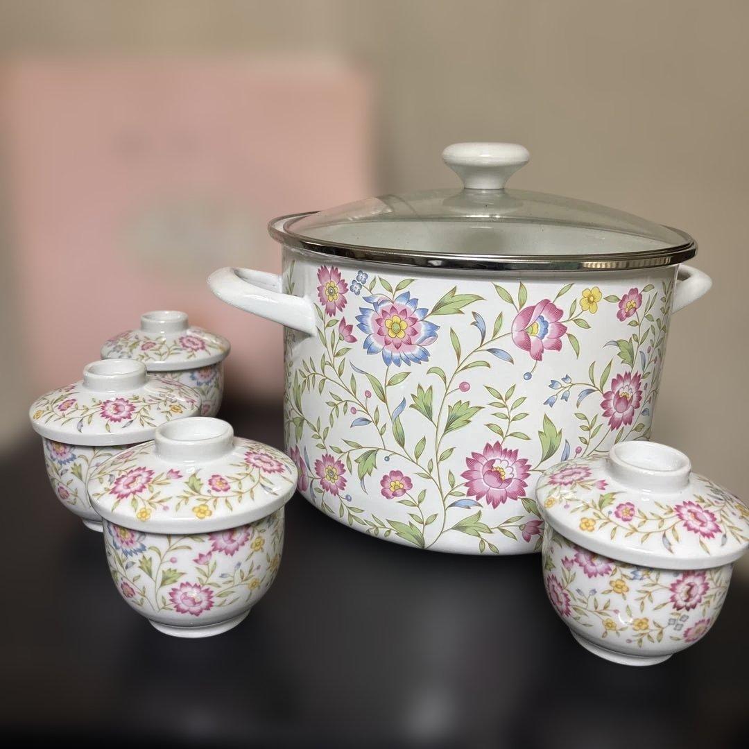 EJIRY エジリー　蒸し兼用鍋　蒸し茶碗付き　ほうろう　24cm レトロ