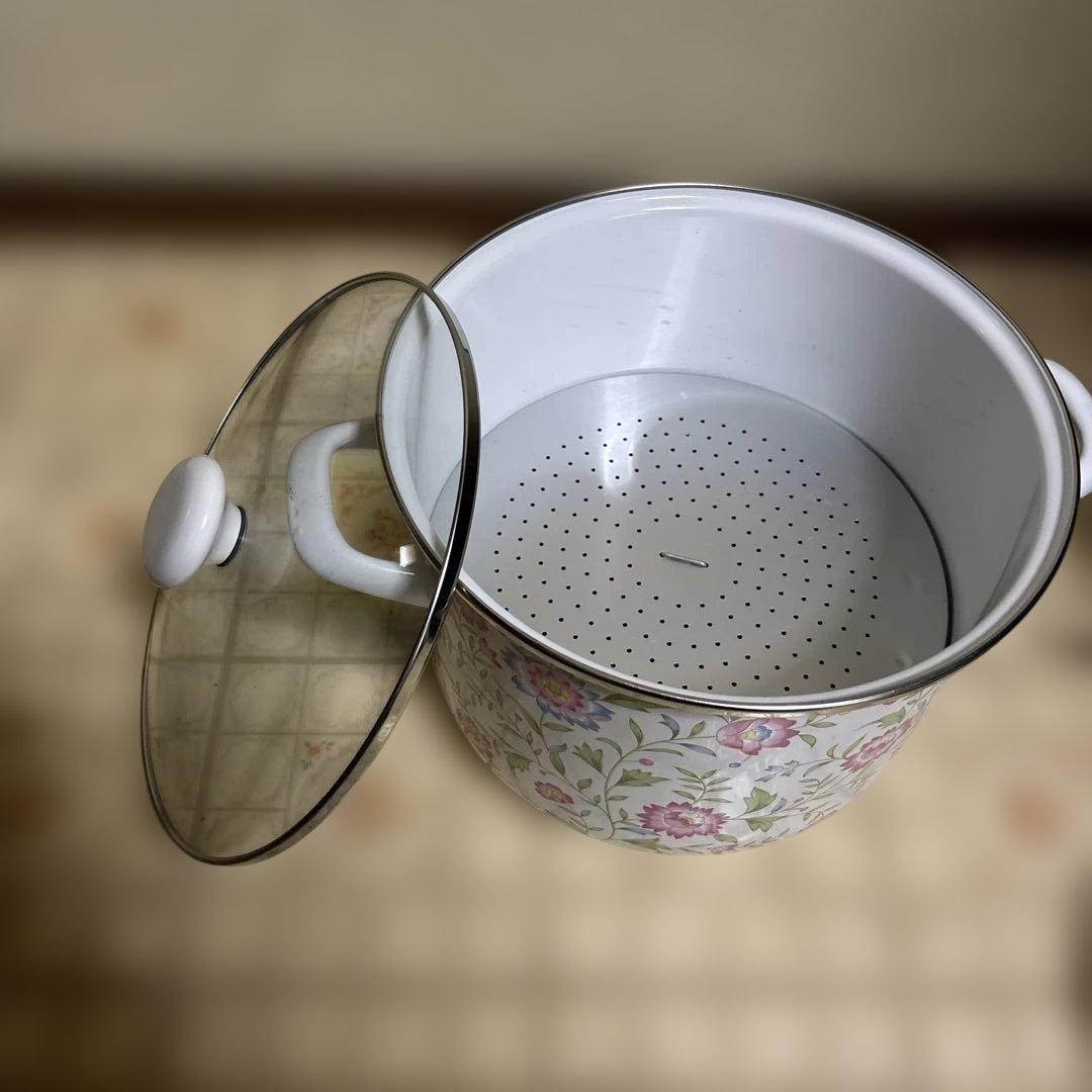 EJIRY エジリー　蒸し兼用鍋　蒸し茶碗付き　ほうろう　24cm レトロ