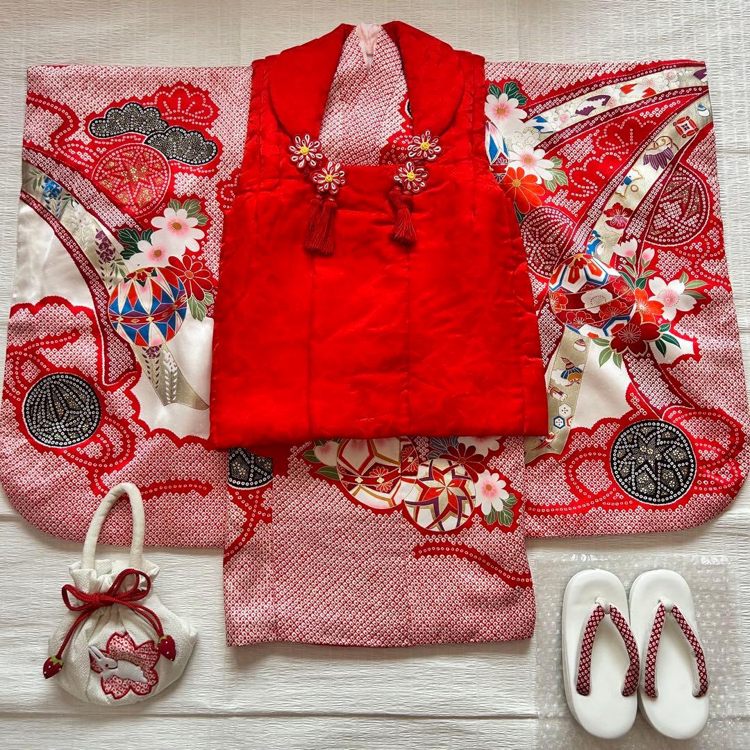 七五三 3歳 着物 753 正絹 被布 絹 絞り柄 三歳 赤 草履 金彩 熨斗目