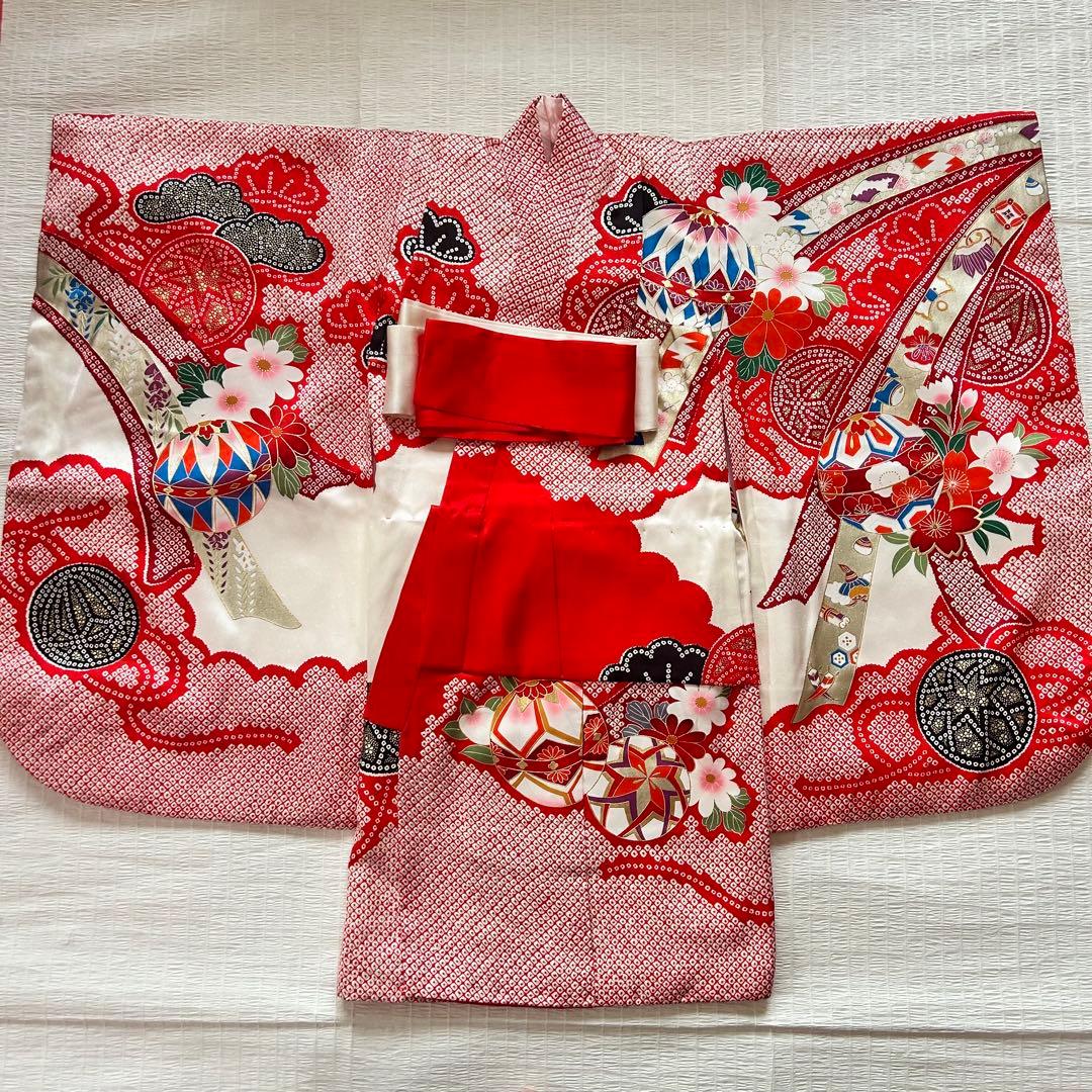 七五三 3歳 着物 753 正絹 被布 絹 絞り柄 三歳 赤 草履 金彩 熨斗目