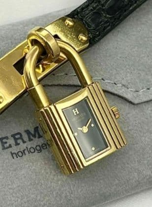 エルメスケリーウォッチ ゴールド 黒文字盤 新品電池 クロコダイルブラックベルト