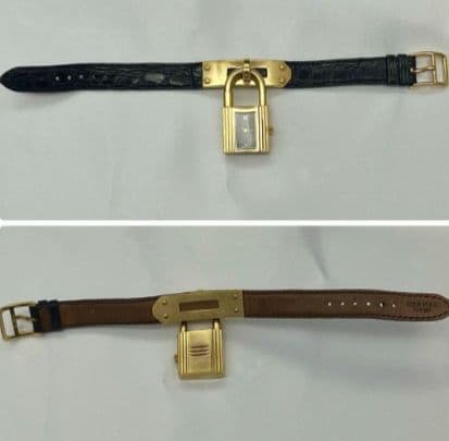 エルメスケリーウォッチ ゴールド 黒文字盤 新品電池 クロコダイルブラックベルト